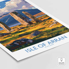 Isle of Arran Travel Poster featuring Machrie Moor Standing Stones and scenic Scottish landscape.