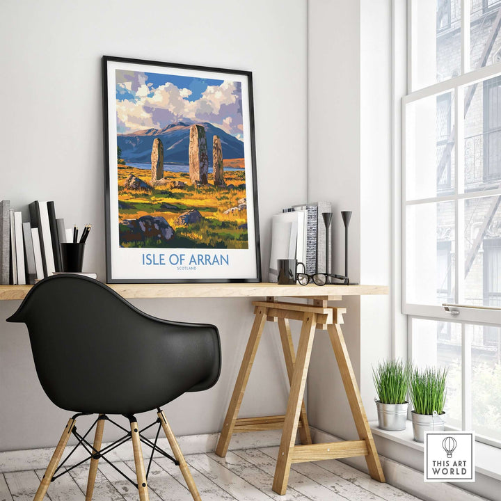 Isle of Arran travel poster featuring Machrie Moor Standing Stones in a stylish home office setting.