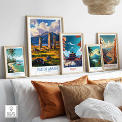 Isle of Arran Travel Poster displayed among other travel posters in a stylish room setting.
