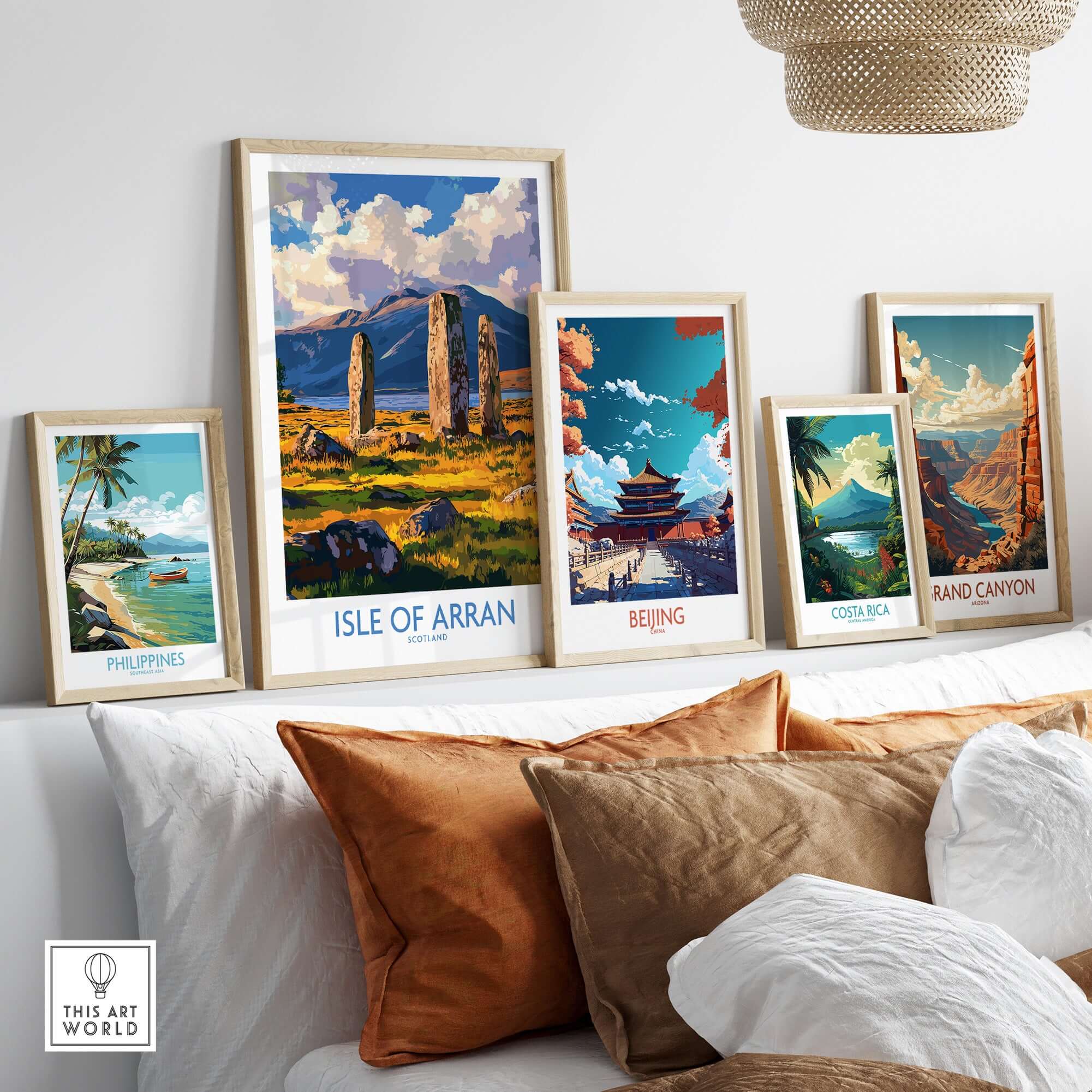 Isle of Arran Travel Poster displayed among other travel posters in a stylish room setting.