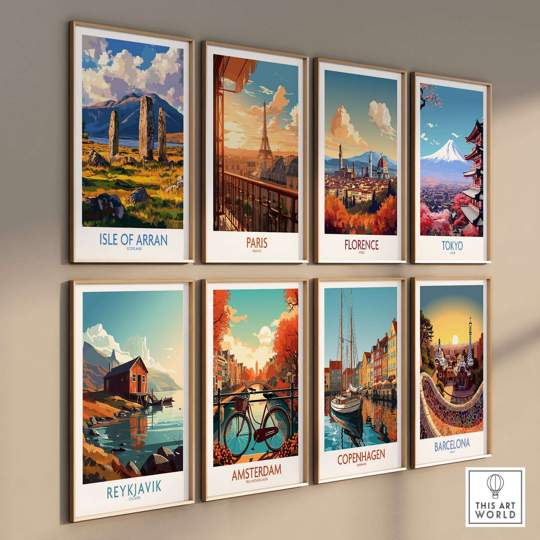 A collection of travel posters featuring iconic destinations including Isle of Arran, Paris, Florence, Tokyo, Reykjavik, Amsterdam, Copenhagen, and Barcelona.