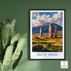 Isle of Arran Travel Poster featuring Machrie Moor Standing Stones surrounded by picturesque landscape.