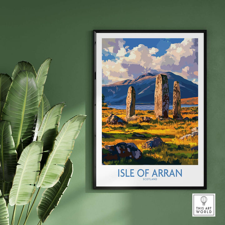 Isle of Arran travel poster featuring Machrie Moor Standing Stones and scenic landscape of Scotland.