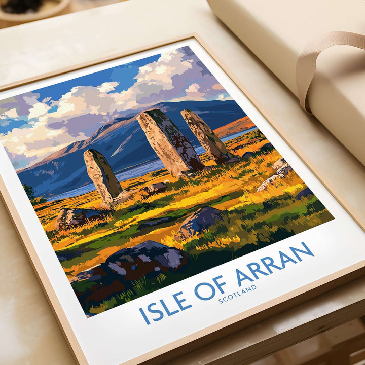 Isle of Arran travel poster featuring Machrie Moor Standing Stones in vibrant colors, showcasing Scotland's natural beauty.