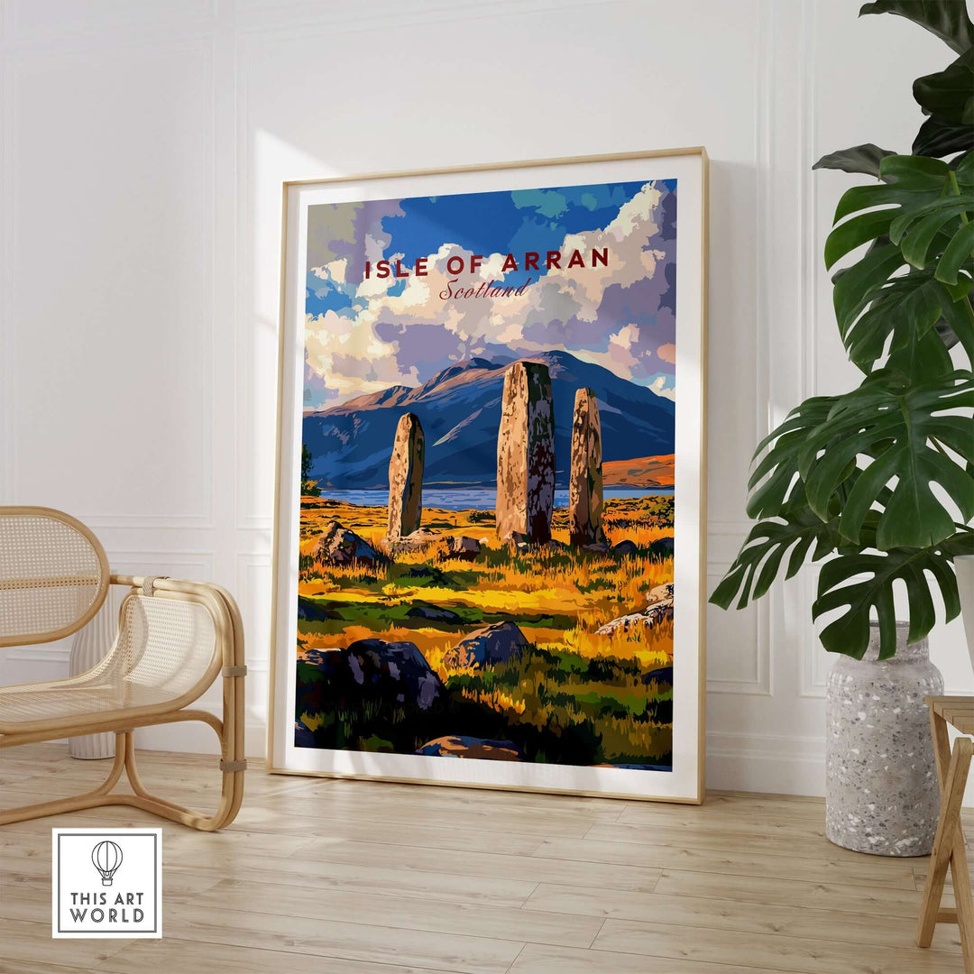 Isle of Arran travel print featuring Machrie Moor Standing Stones and vibrant Scottish landscapes.