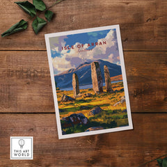 Isle of Arran Travel Print showcasing Machrie Moor Standing Stones against a scenic backdrop in Scotland.