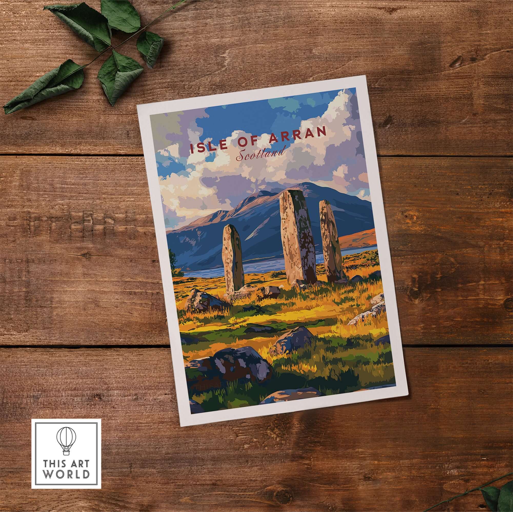 Isle of Arran Travel Print showcasing Machrie Moor Standing Stones against a scenic backdrop in Scotland.