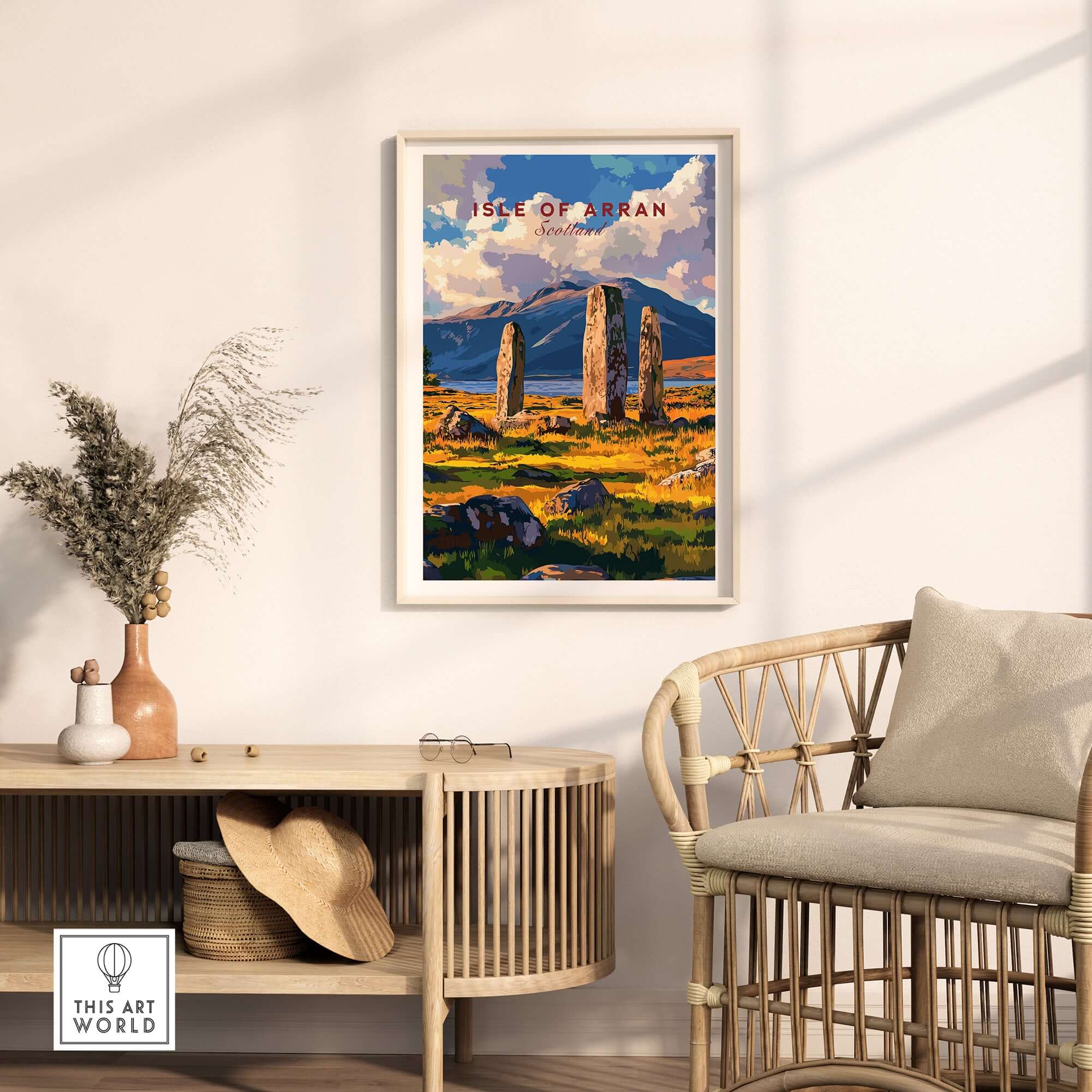 Isle of Arran Travel Print showcasing Machrie Moor Standing Stones in a stylish home setting.