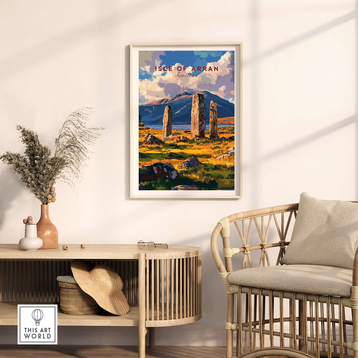 Isle of Arran travel print featuring Machrie Moor Standing Stones in a stylish home setting.