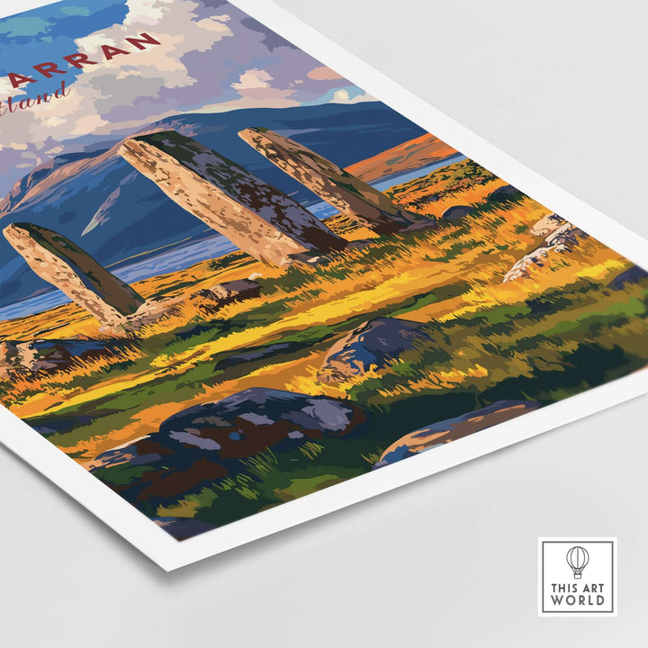 Isle of Arran travel print featuring Machrie Moor Standing Stones amidst vibrant landscapes.