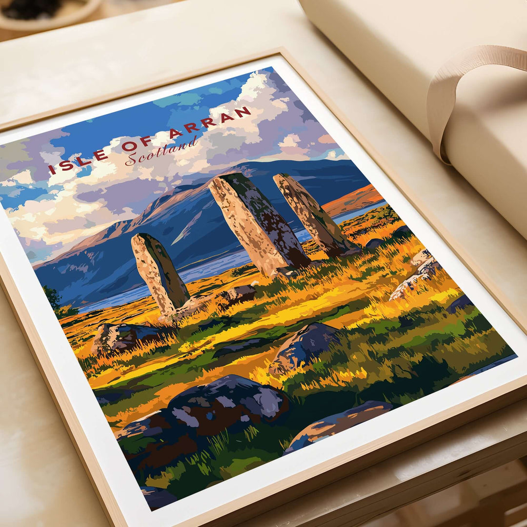 Isle of Arran travel print featuring Machrie Moor Standing Stones in vibrant colors, perfect for travel lovers.