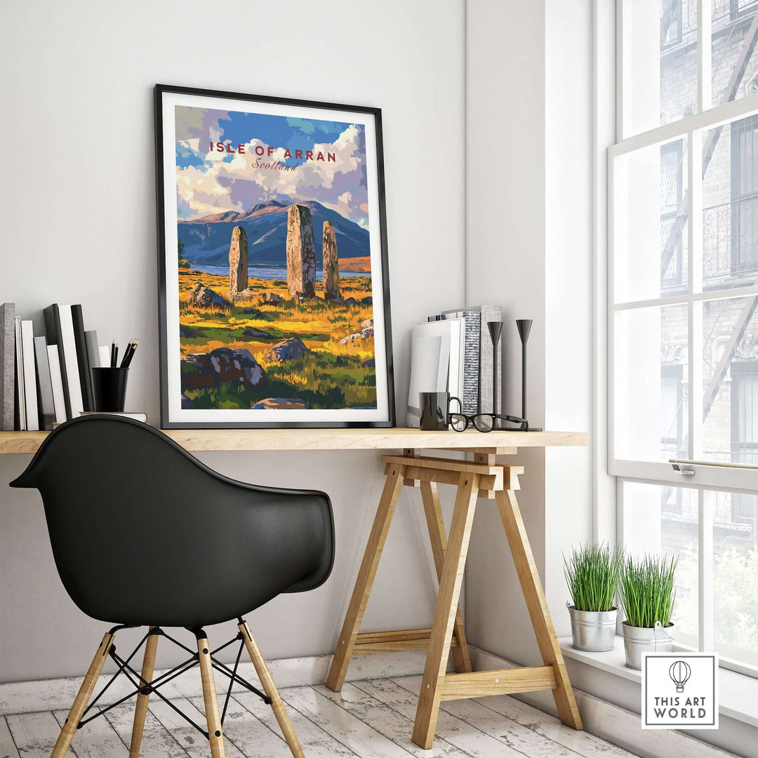 Isle of Arran travel print featuring Machrie Moor Standing Stones in a cozy interior setting.