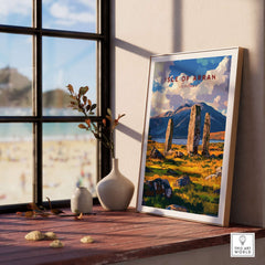 Isle of Arran Travel Print featuring Machrie Moor Standing Stones in a cozy home setting.