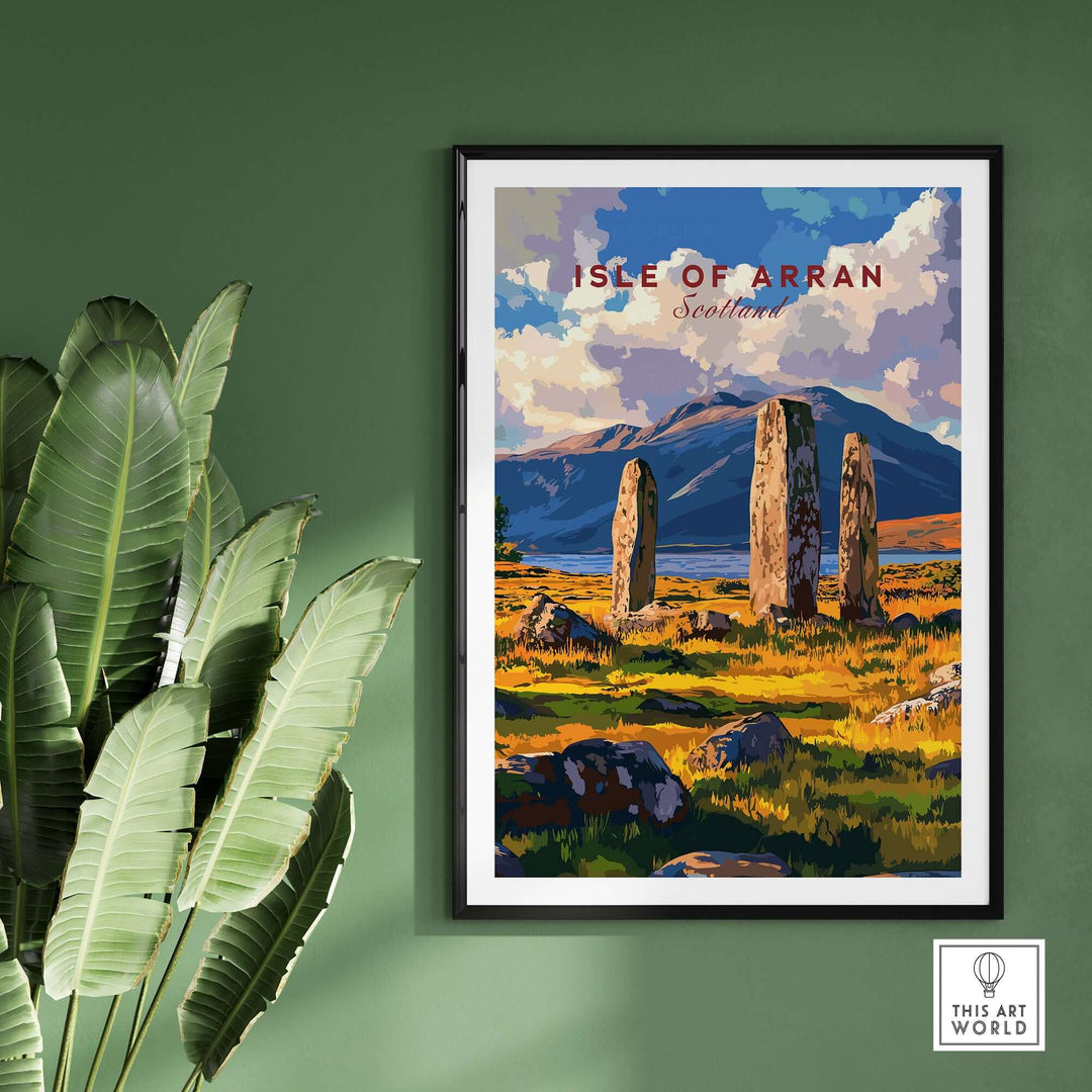 Isle of Arran travel print featuring Machrie Moor Standing Stones against a scenic landscape backdrop.