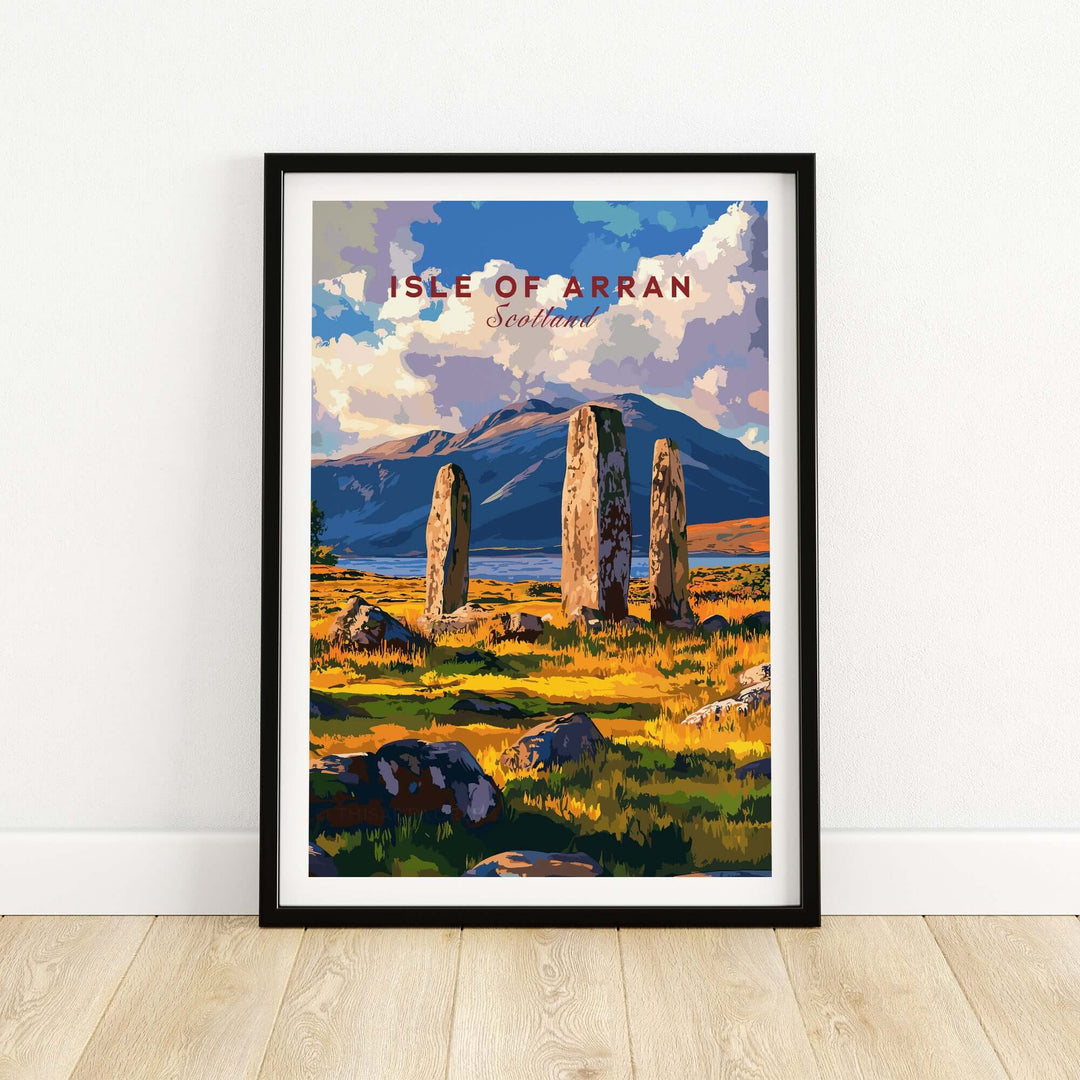 Isle of Arran travel print showcasing Machrie Moor Standing Stones with scenic Scottish landscapes in vibrant colors.