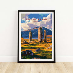 Isle of Arran Travel Print featuring Machrie Moor Standing Stones in vibrant colors.