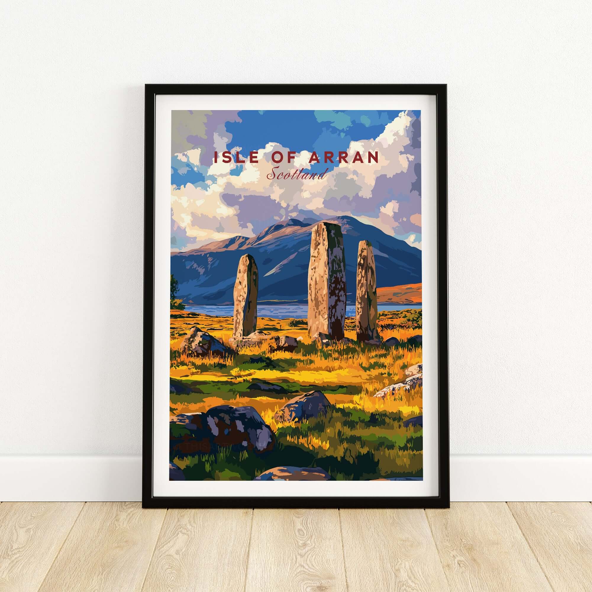 Isle of Arran Travel Print featuring Machrie Moor Standing Stones in vibrant colors.
