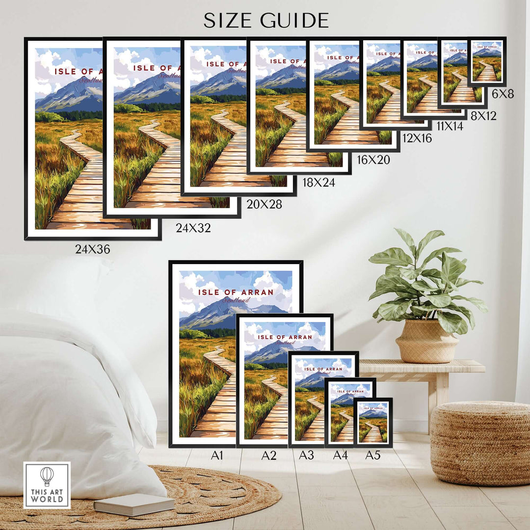 Isle of Arran wall art size guide showcasing various frame sizes and room setting for decor inspiration.