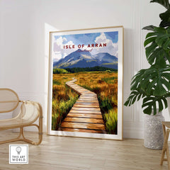 Isle of Arran Wall Art featuring a scenic landscape with mountains and a wooden walkway in a stylish living room setting.