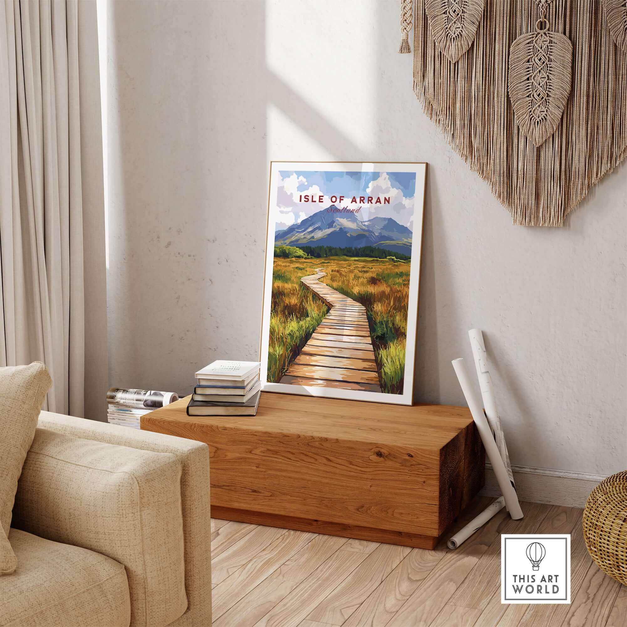 Isle of Arran Wall Art displayed in a living room, showcasing picturesque landscapes and scenic views.