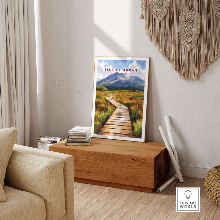 Isle of Arran wall art featuring scenic landscapes and a wooden pathway, perfect for home decor.