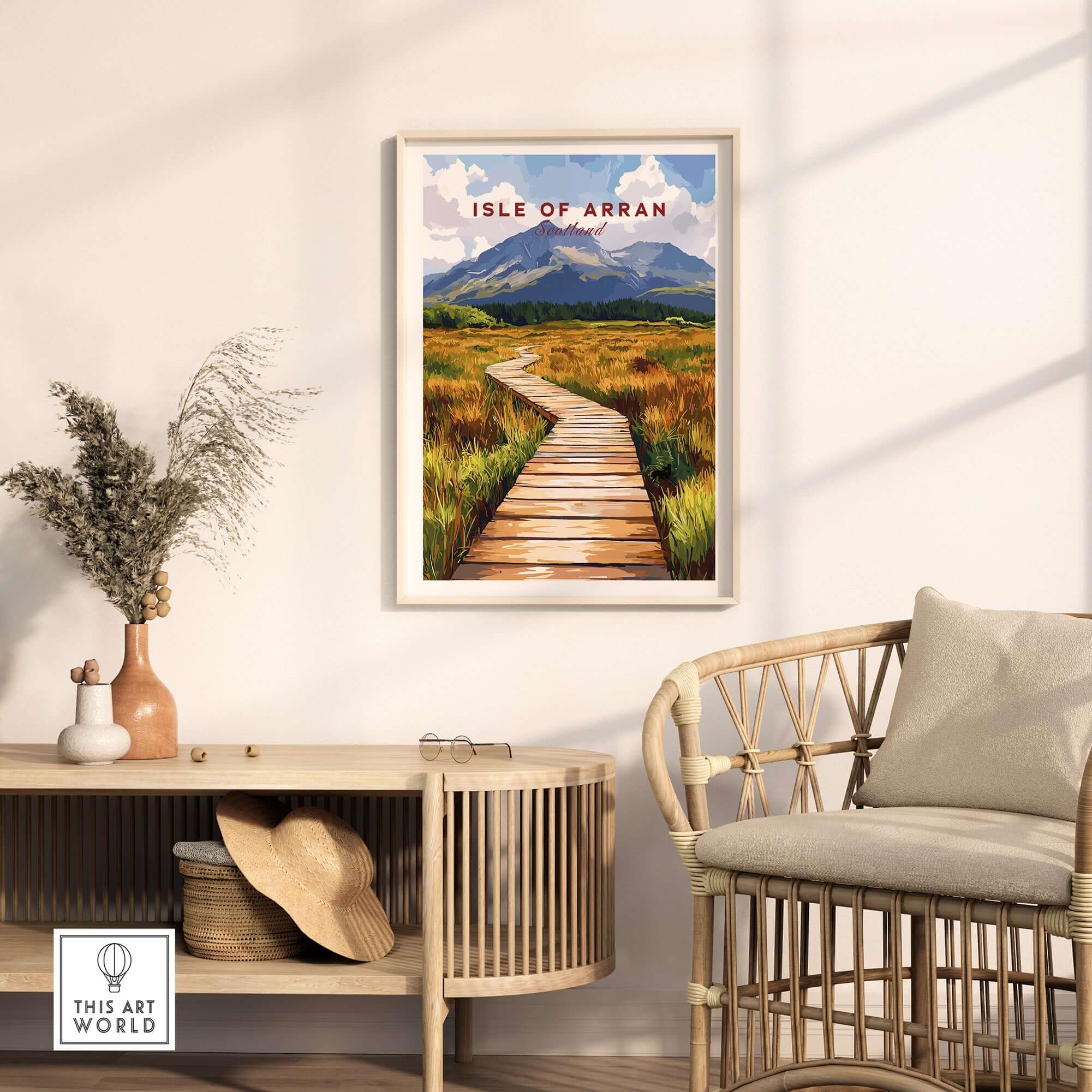 Isle of Arran Wall Art showcasing a scenic landscape with a walkway in a stylish living room setting.