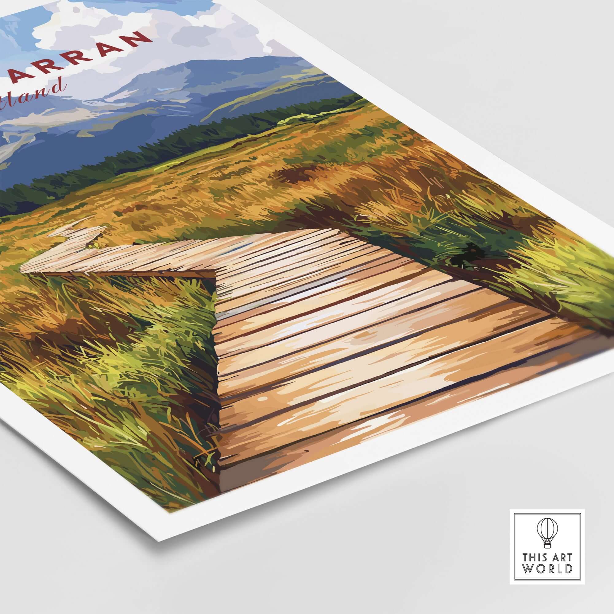 Isle of Arran Wall Art showcasing a picturesque landscape with a wooden path through a scenic field.