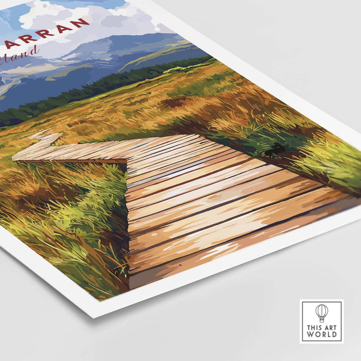 Isle of Arran wall art featuring a wooden pathway through lush grassy landscapes and mountains in the background.