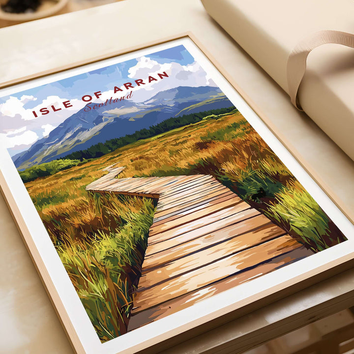 Framed Isle of Arran wall art featuring a wooden path through scenic landscapes in Scotland.