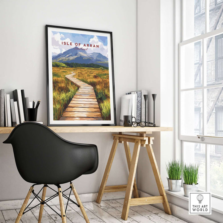 Isle of Arran wall art displayed in a modern living room setting, highlighting scenic landscapes and tranquility.