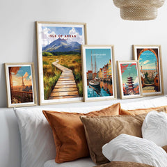 Isle of Arran Wall Art featuring stunning landscapes in a modern living room setting with various destination artworks.