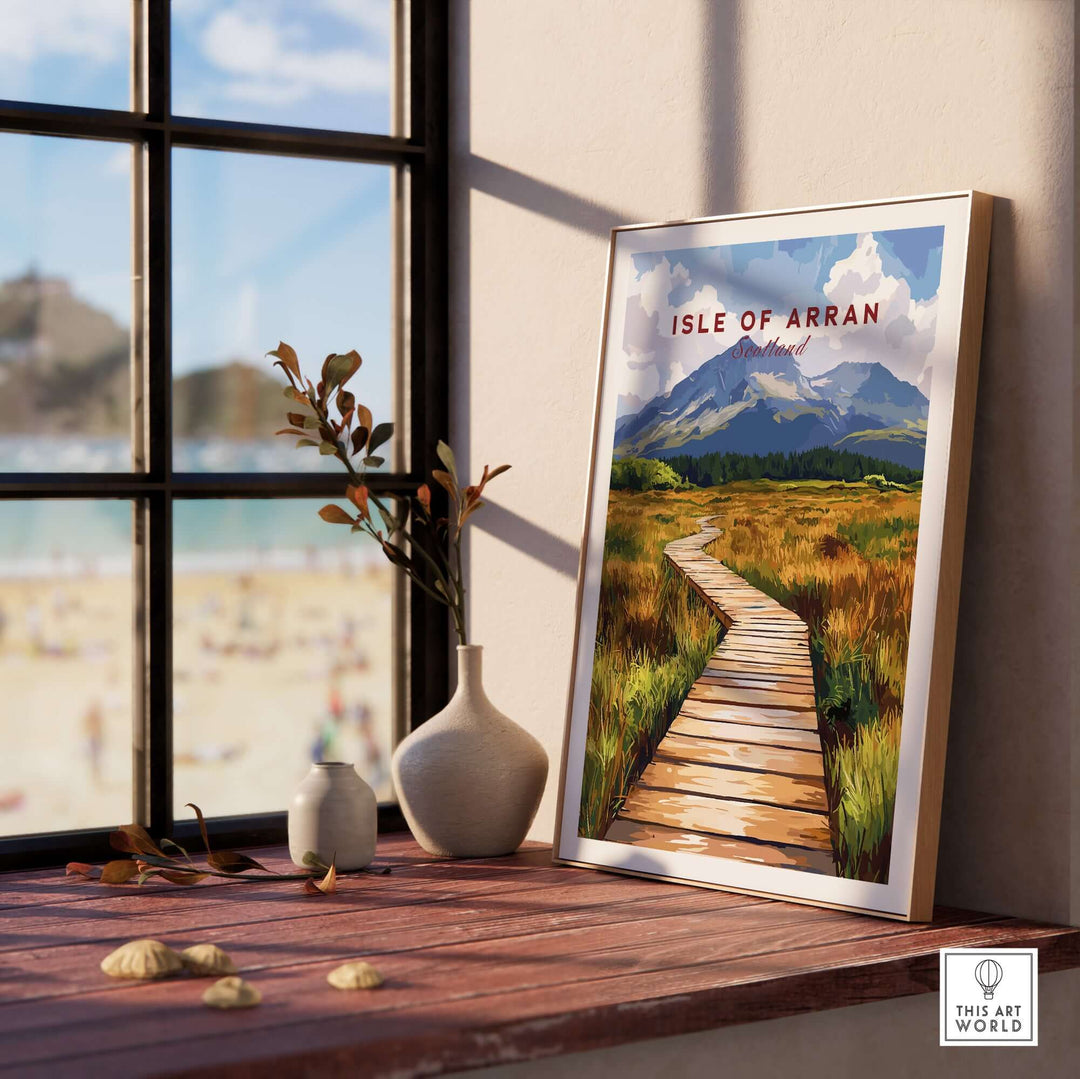 Isle of Arran wall art displayed indoors, showcasing a scenic path and mountains, enhancing home decor.