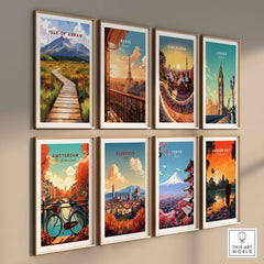 Isle of Arran Wall Art featuring stunning landscapes and vibrant colors displayed on a gallery wall.