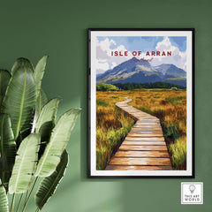 Isle of Arran Wall Art featuring a scenic landscape with mountains and wooden path.