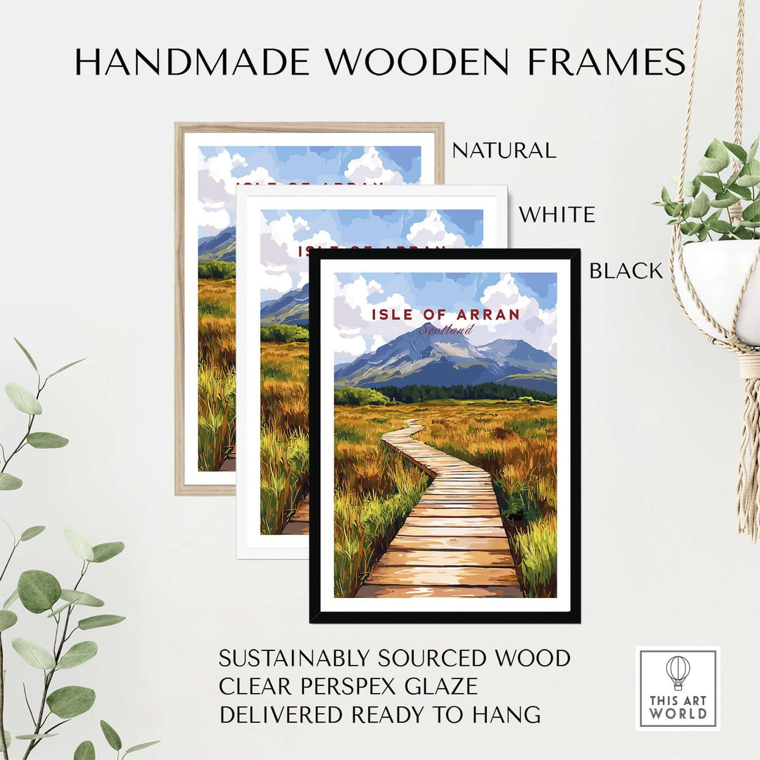 Handmade wooden frames for Isle of Arran wall art in natural, white, and black finishes.