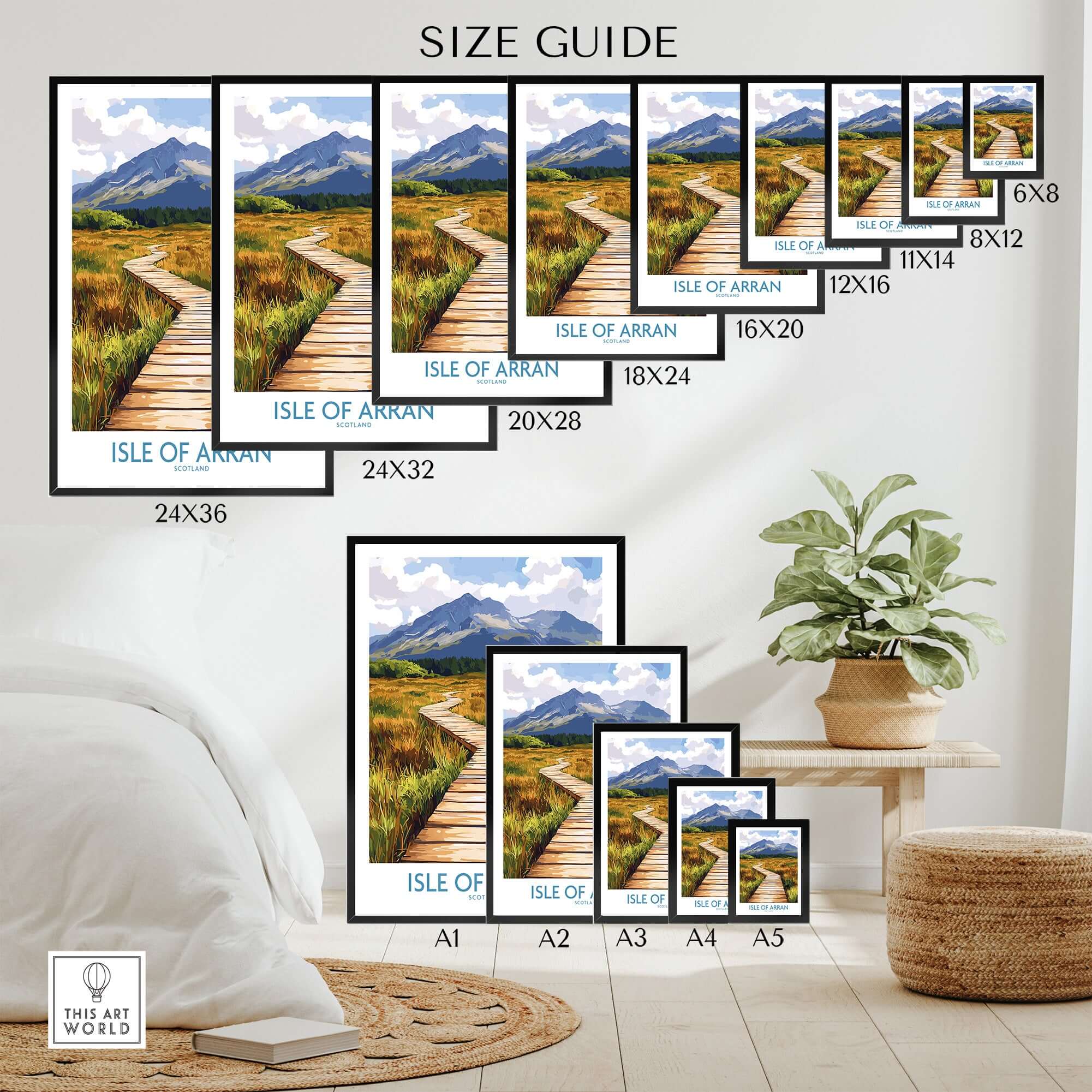 Isle of Arran Wall Art Print size guide showcasing various frame sizes and a serene landscape.