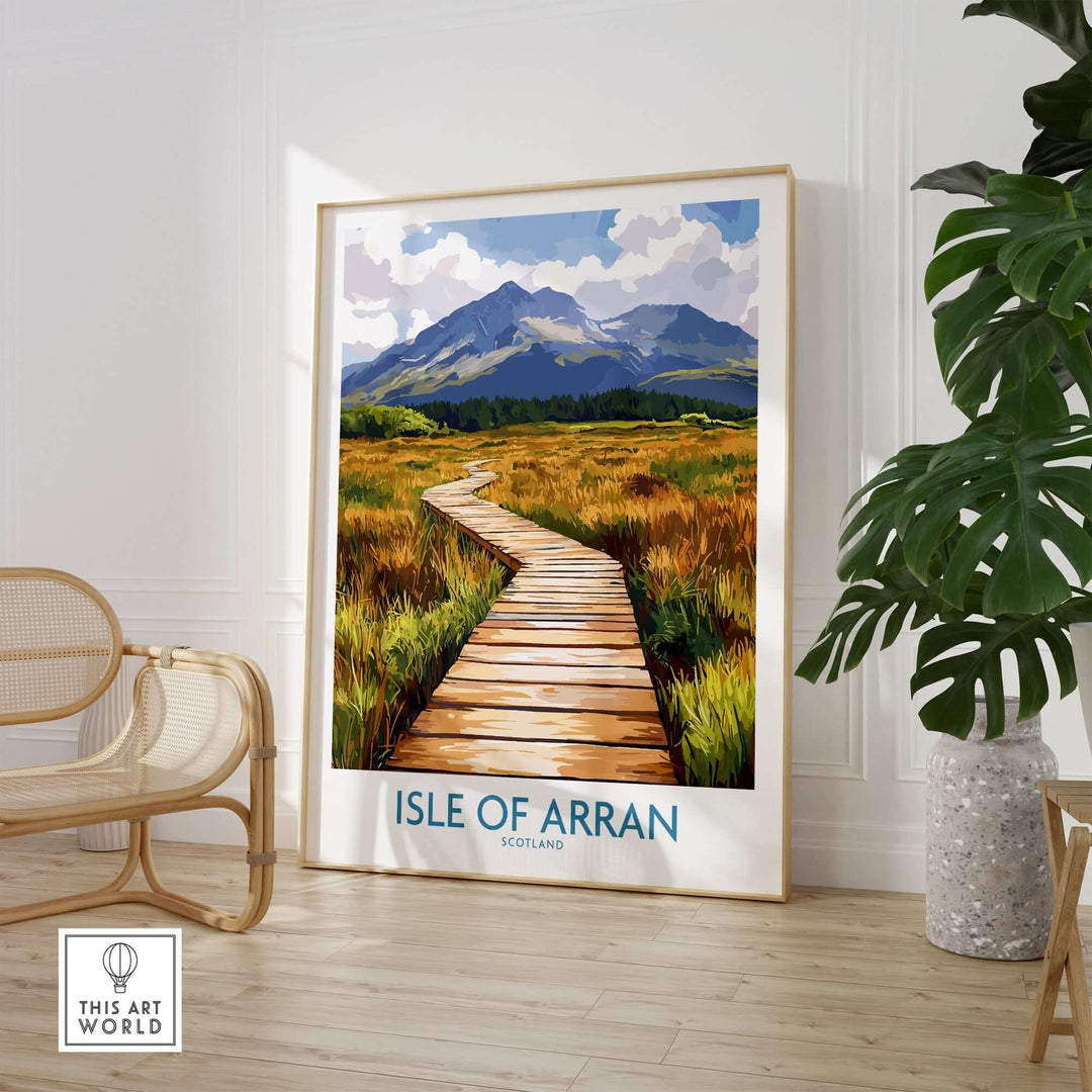 Isle of Arran wall art print showcasing scenic landscape with wooden path and mountains, perfect for home decor.