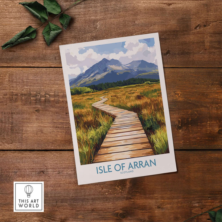 Isle of Arran Wall Art Print featuring a wooden path leading through scenic landscapes in Scotland.