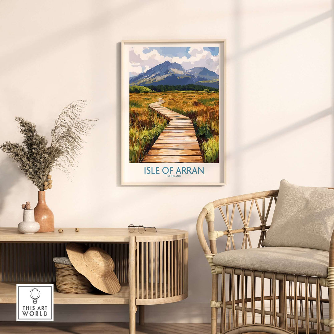 Isle of Arran wall art print featuring a scenic pathway and mountains, ideal for home decor and nature lovers.