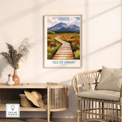 Isle of Arran Wall Art Print featuring a scenic landscape with mountains and a wooden path.
