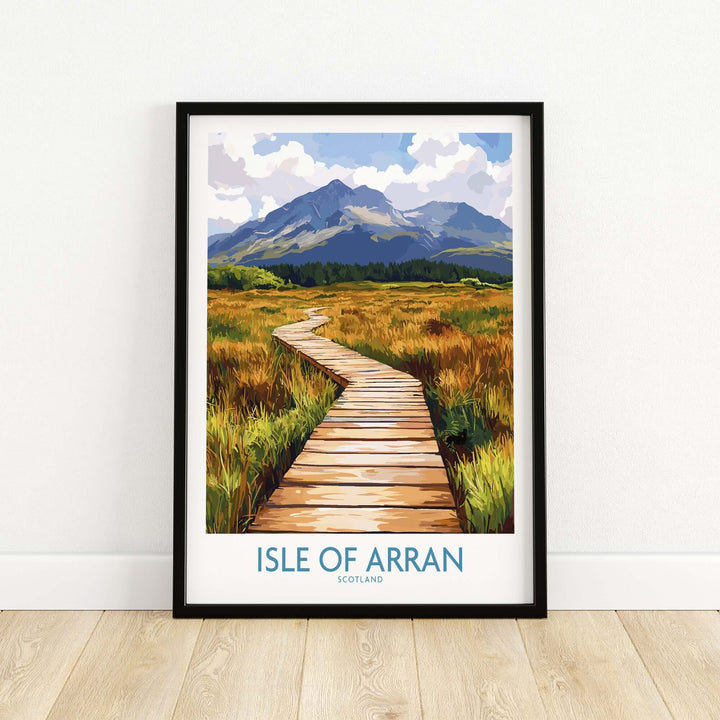 Isle of Arran wall art print featuring a scenic pathway and mountains in Scotland, perfect for nature and travel lovers.