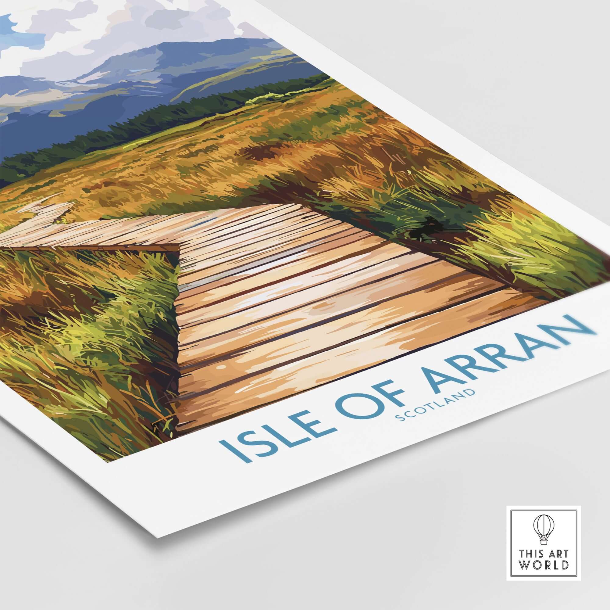 Isle of Arran Wall Art Print showcasing the scenic beauty of Scotland with a wooden path through nature.