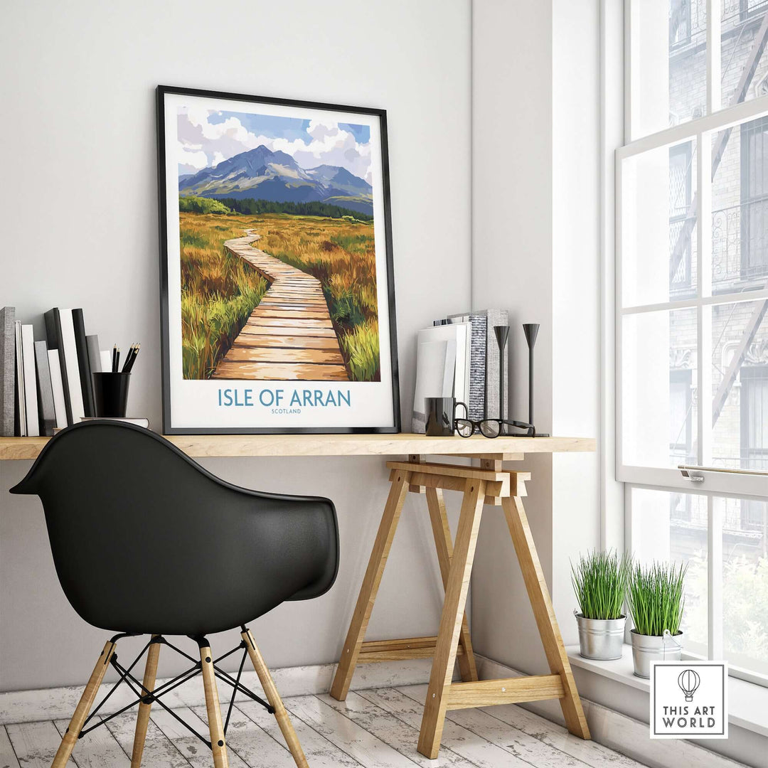 Isle of Arran wall art print displayed in a modern home office, featuring a scenic pathway and mountains.