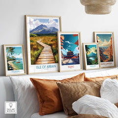 Isle of Arran Wall Art Print displayed among other travel-themed art prints in a stylish interior setting.