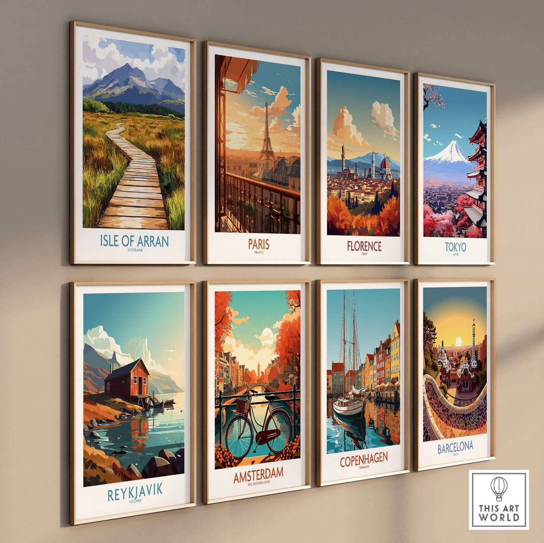 Collection of vibrant travel wall art prints featuring Isle of Arran, Paris, Florence, Tokyo, and more.