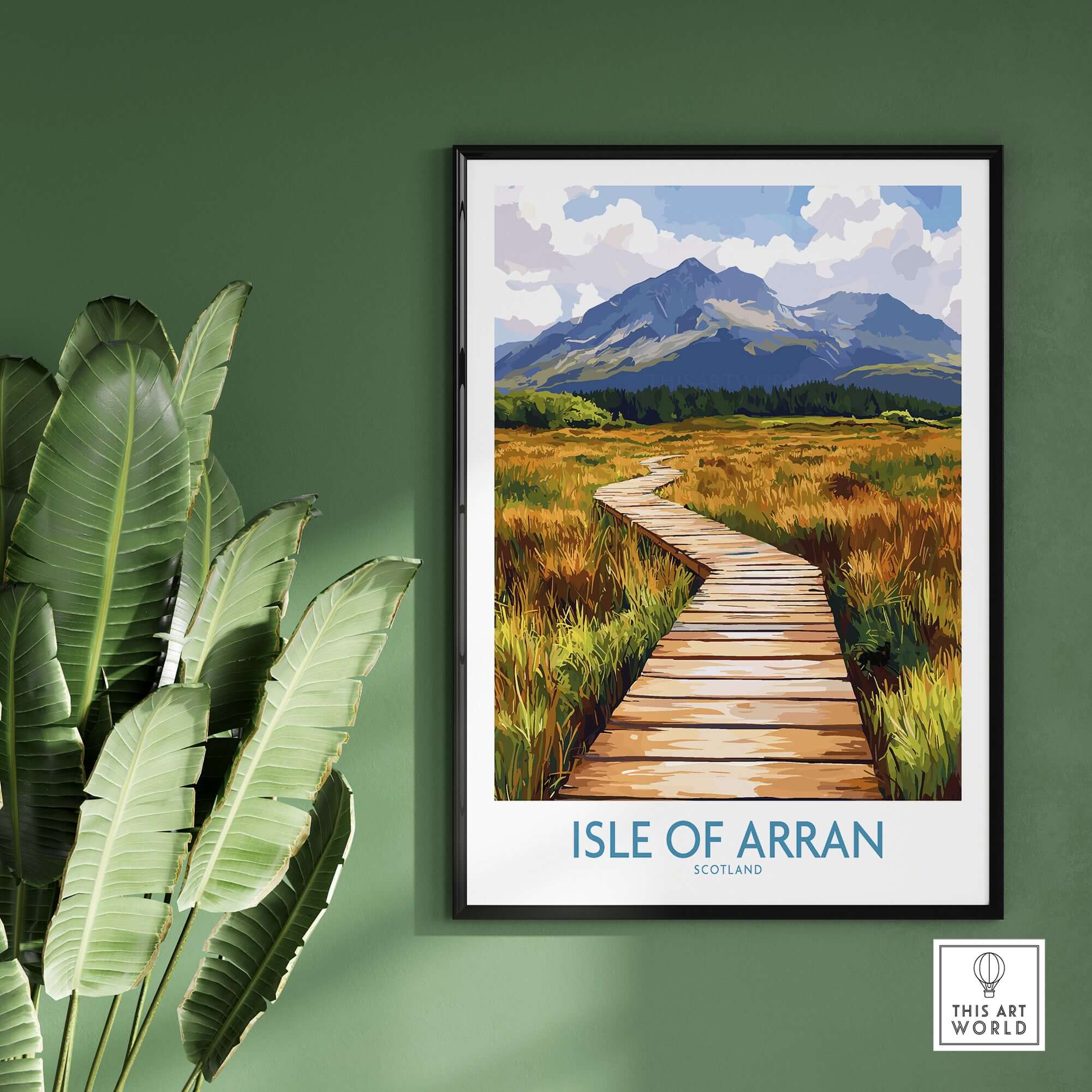 Isle of Arran Wall Art Print featuring scenic landscape with mountains and path in Scotland.