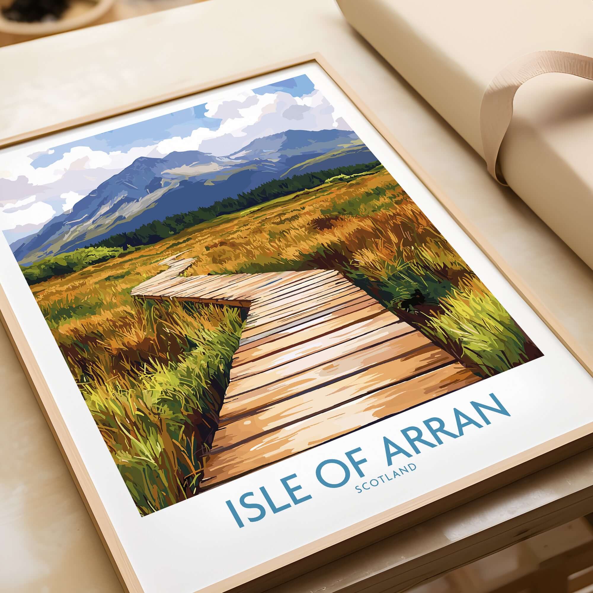 Isle of Arran Wall Art Print featuring a scenic wooden walkway surrounded by lush greenery and mountains.