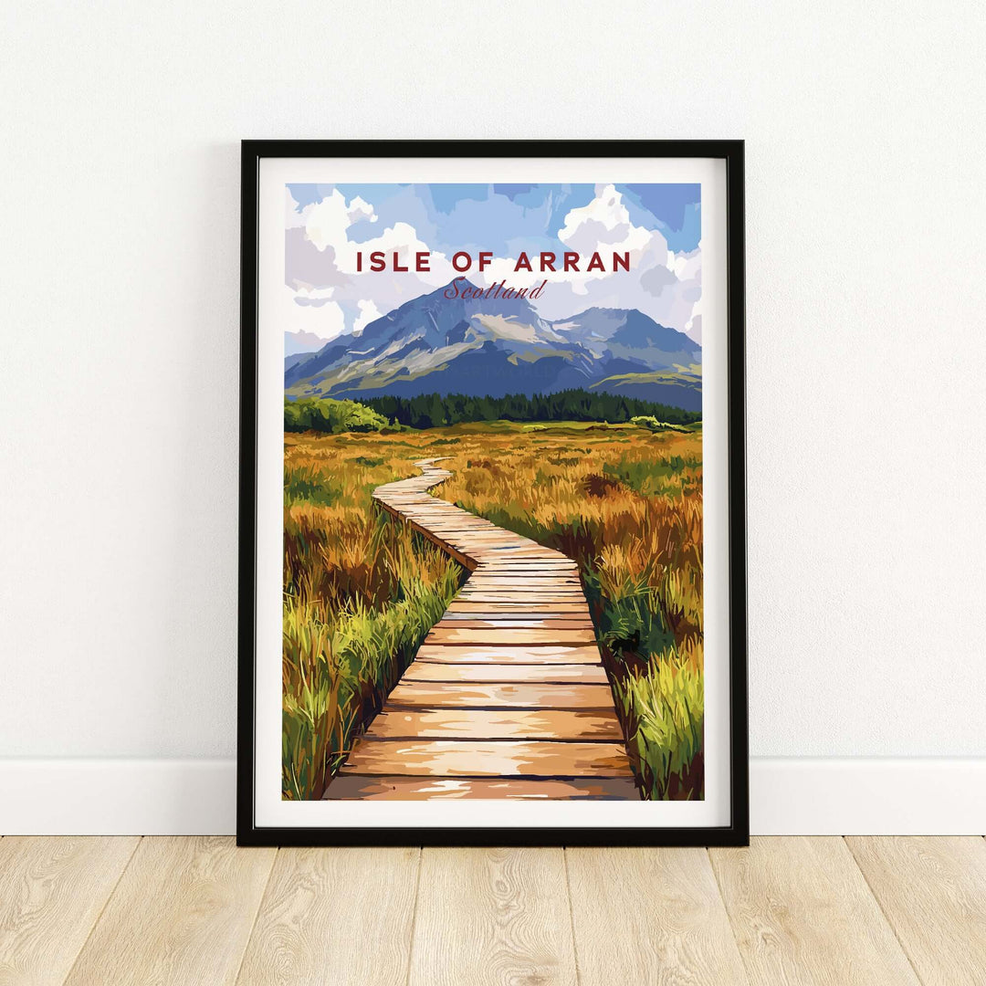 Isle of Arran wall art featuring a scenic wooden pathway through vibrant landscapes and mountains.