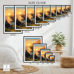 Size guide for Isle of Skye Art Print showcasing various frame sizes and placement options in a cozy room setting.