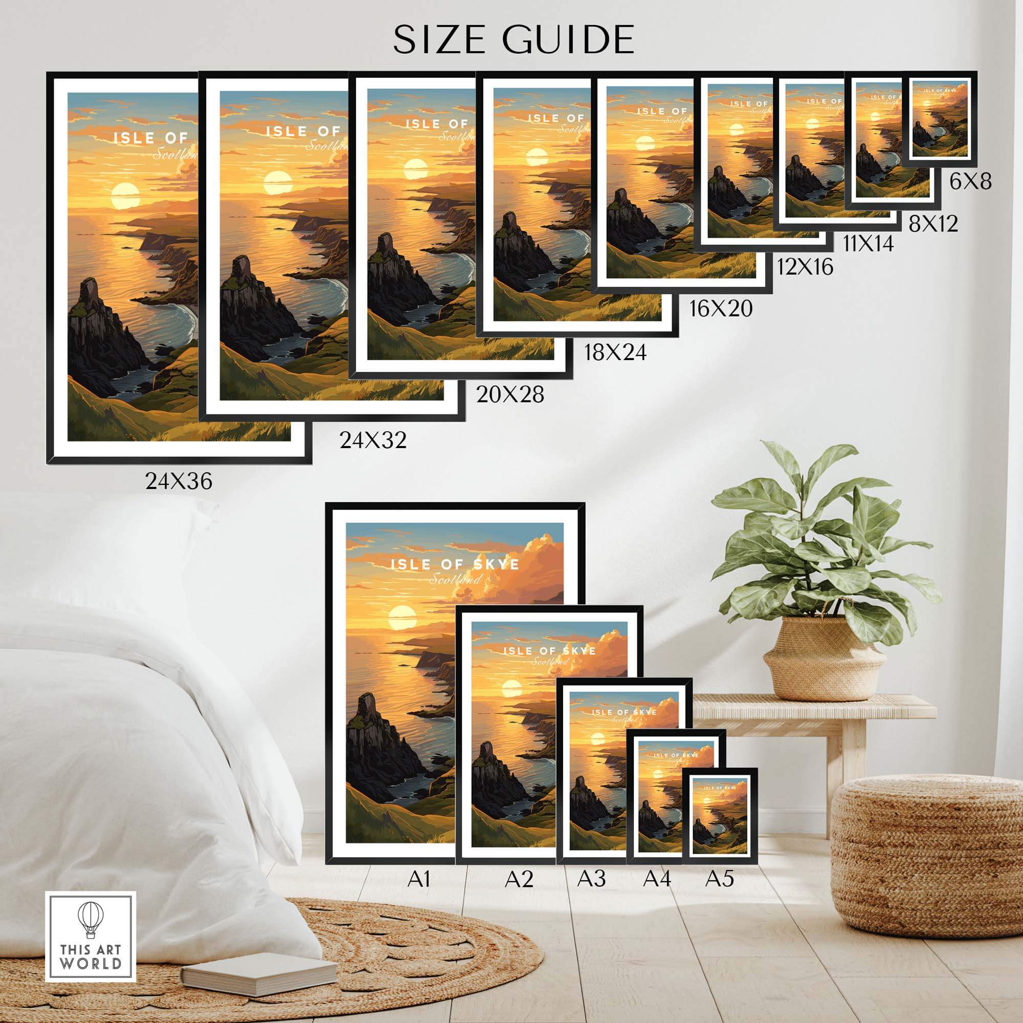 Size guide for Isle of Skye Art Print showcasing various frame sizes and placement options in a cozy room setting.